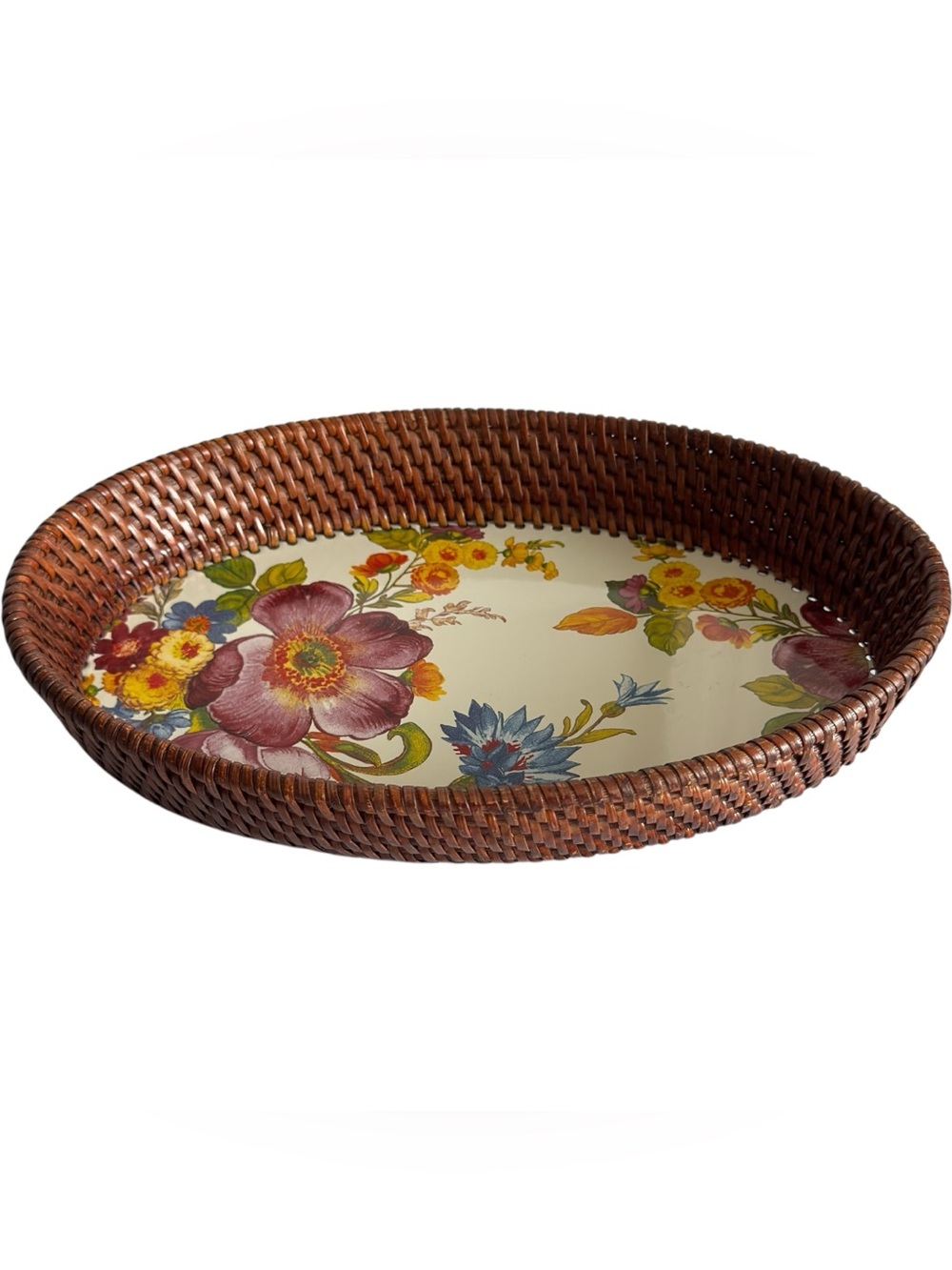 Mackenzie Childs Flower Market Small Rattan Enamel Serving Tray Basket White 11”